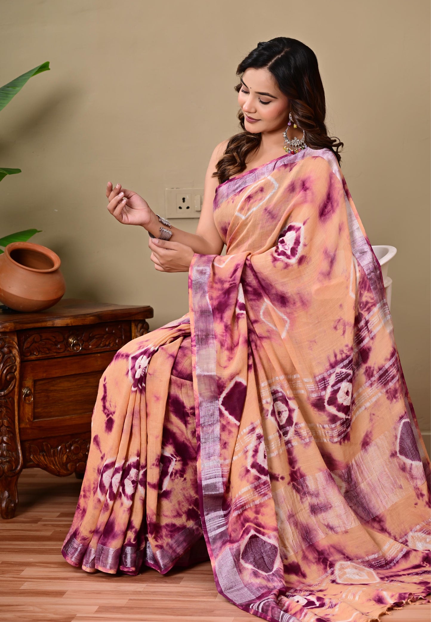 Block Printed Cotton linen Saree With Unstiched Blouse