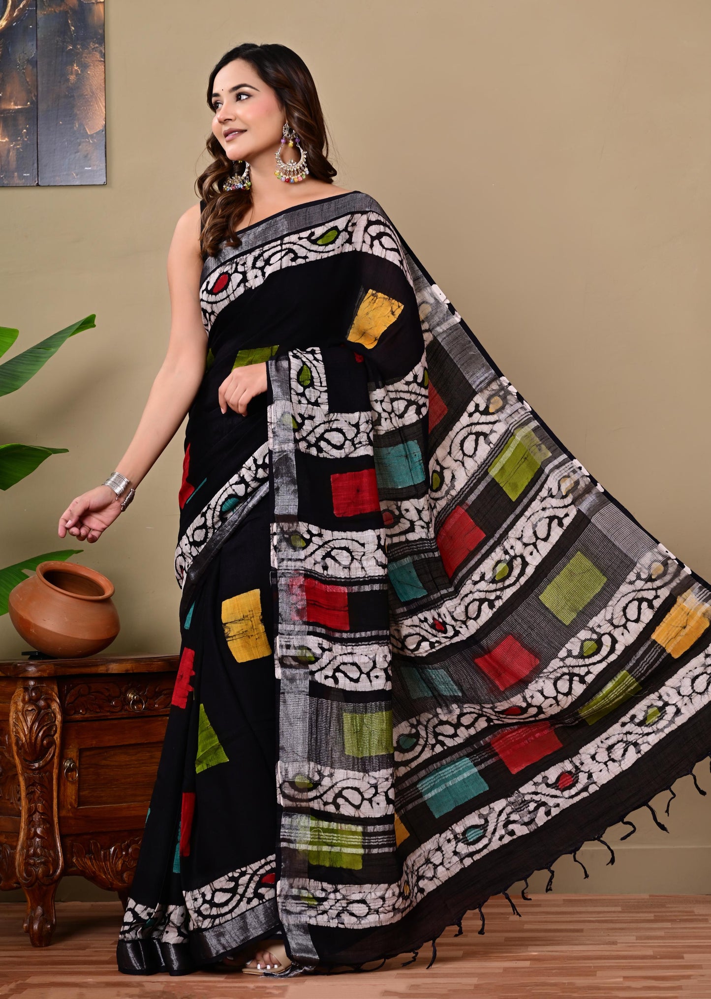 Block Printed Cotton linen Saree With Unstiched Blouse