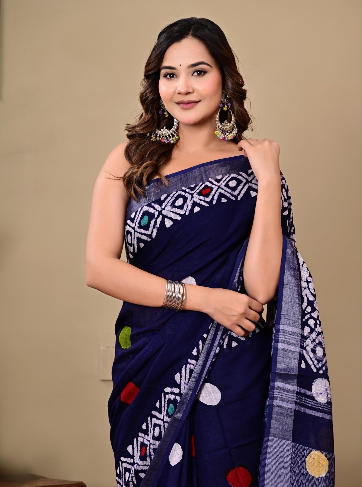 Block Printed Cotton linen Saree With Unstiched Blouse