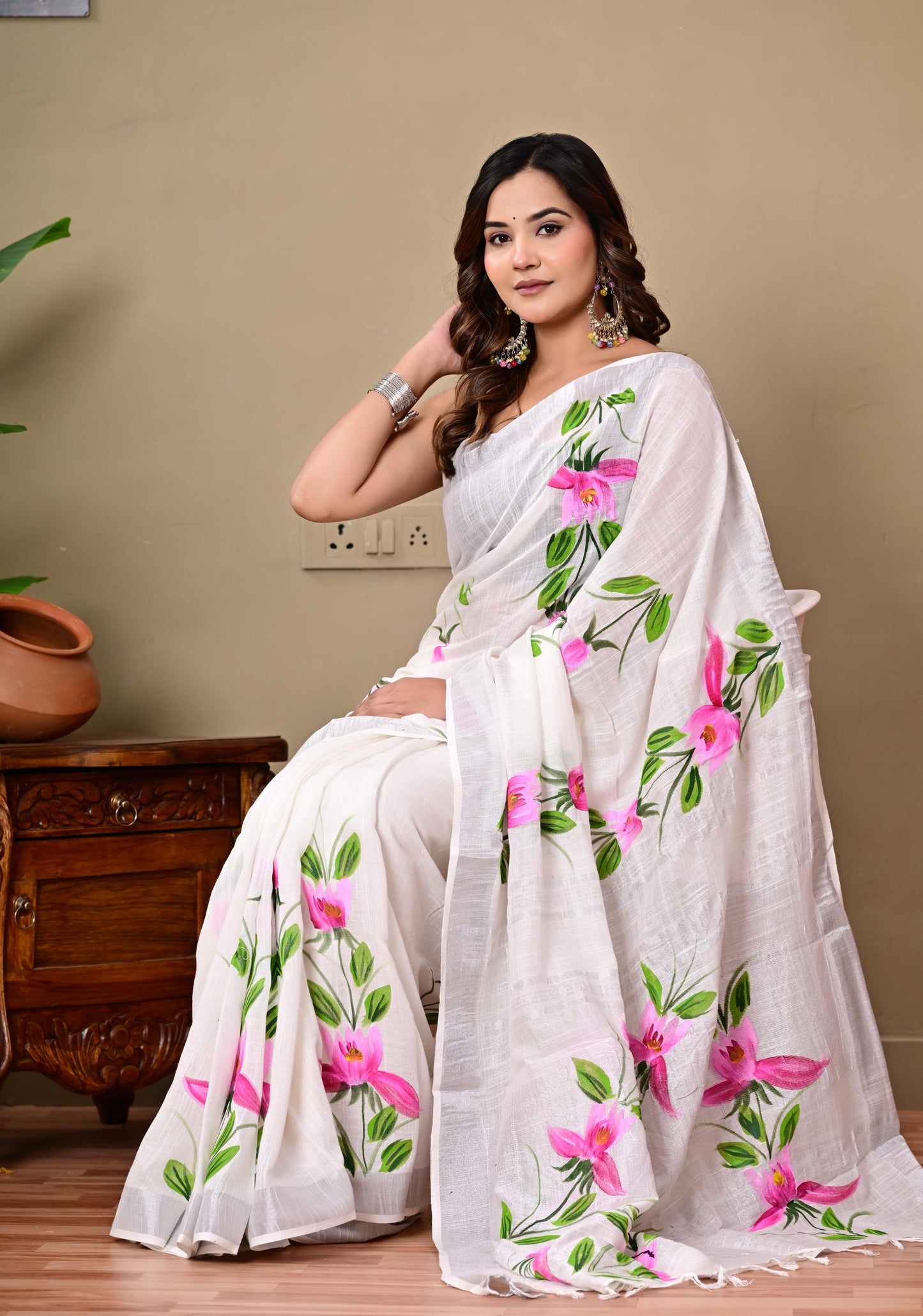 Block Printed Cotton linen Saree With Unstiched Blouse