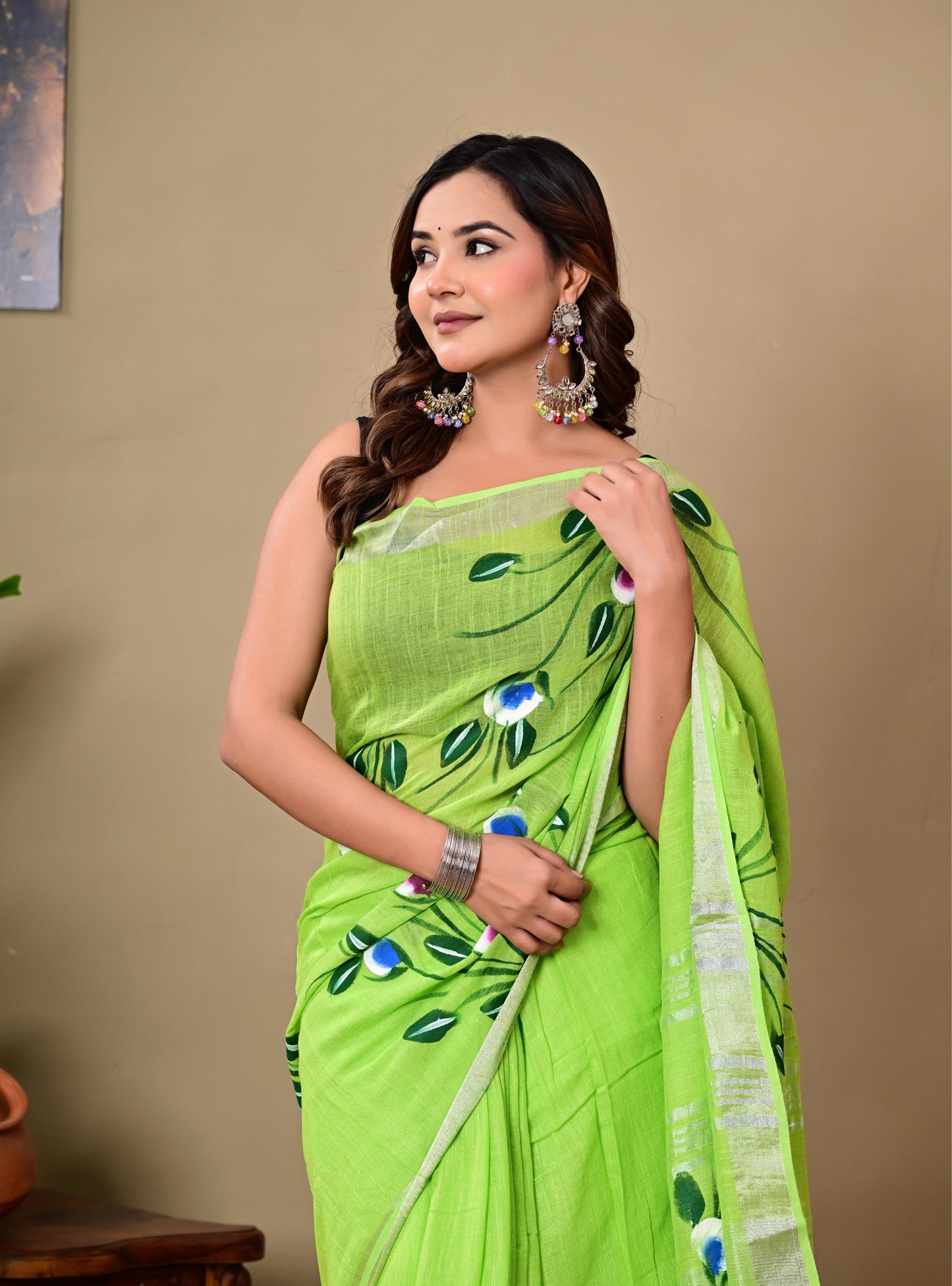 Block Printed Cotton linen Saree With Unstiched Blouse