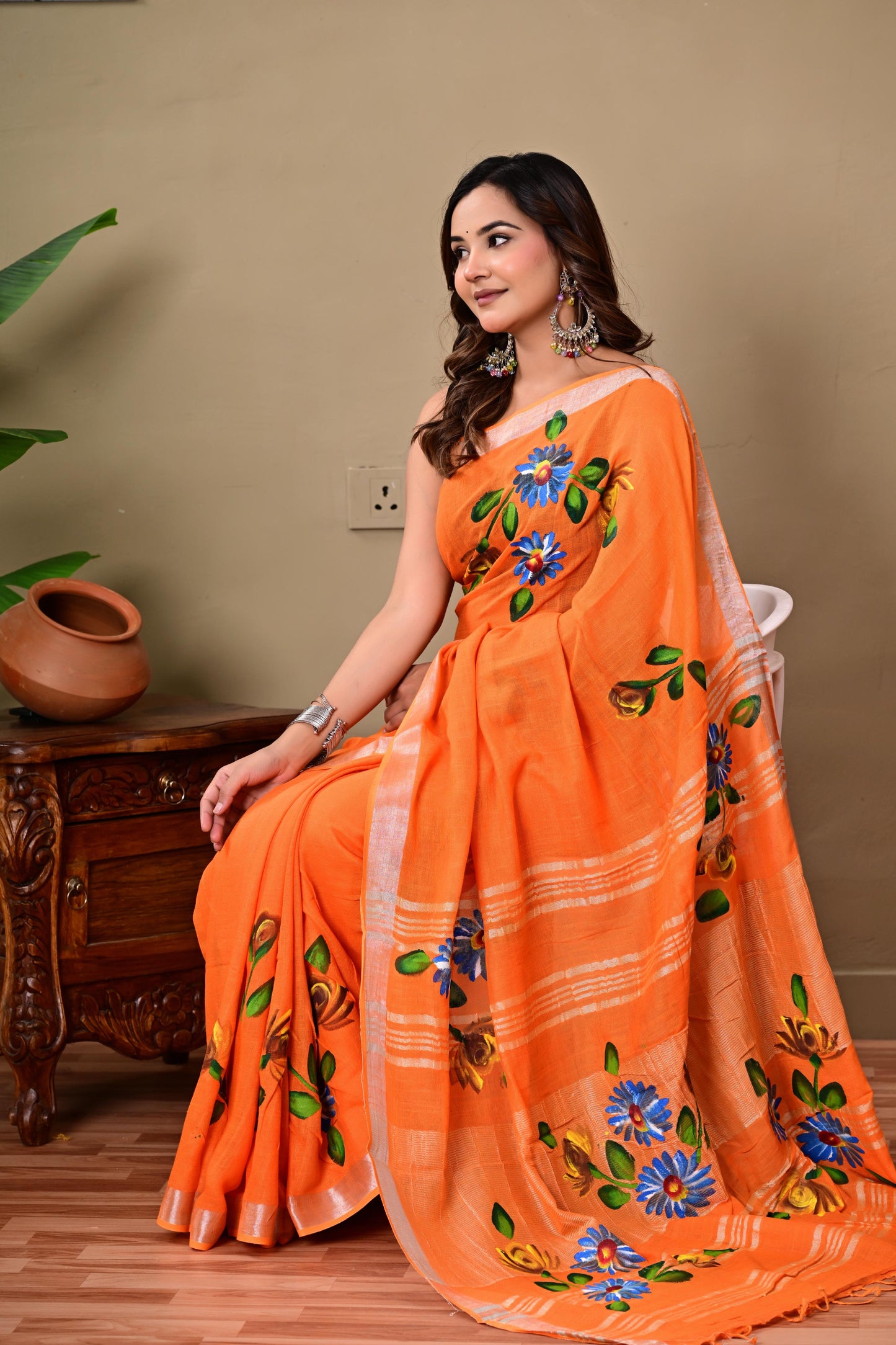 Block Printed Cotton linen Saree With Unstiched Blouse