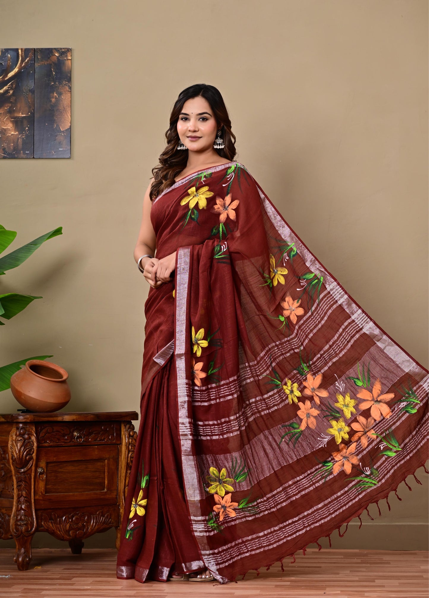 Block Printed Cotton linen Saree With Unstiched Blouse