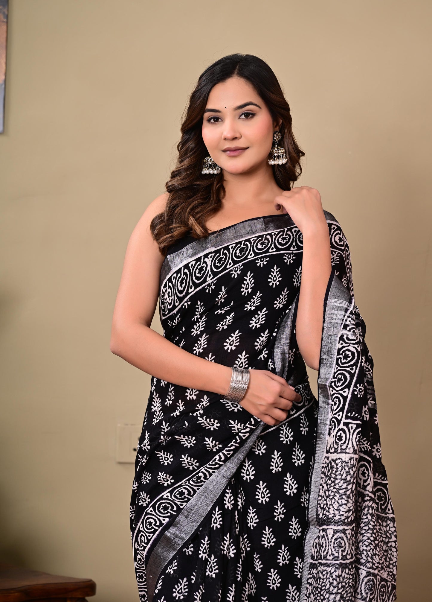 Block Printed Cotton linen Saree With Unstiched Blouse