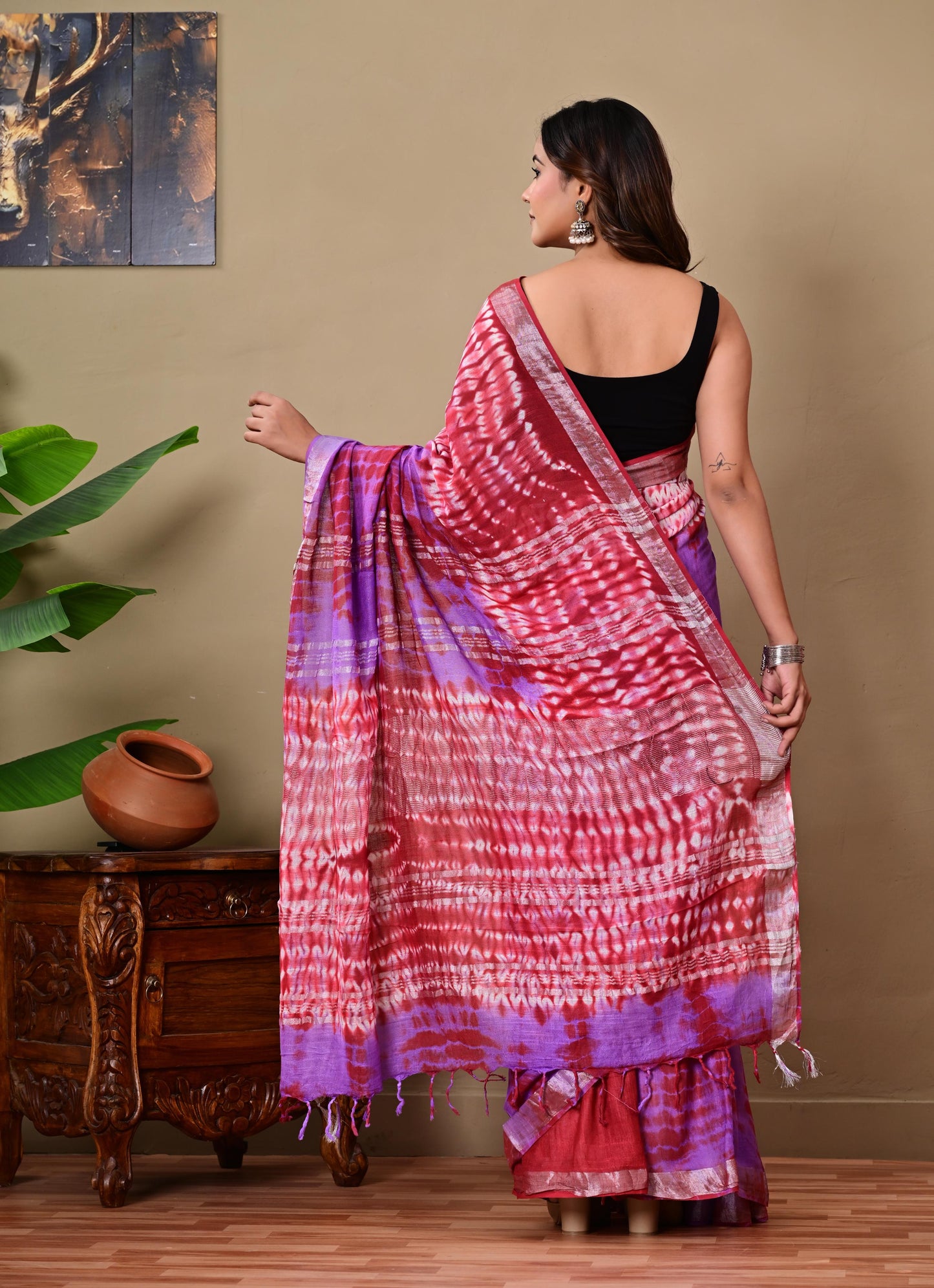 Block Printed Cotton linen Saree With Unstiched Blouse