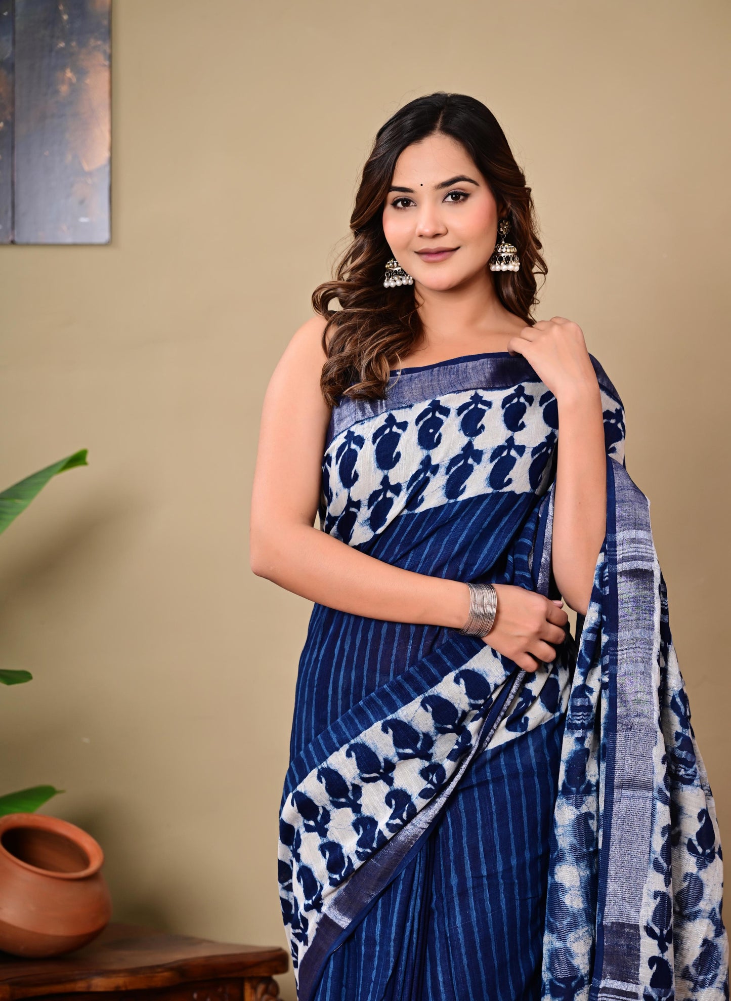 Block Printed Cotton linen Saree With Unstiched Blouse