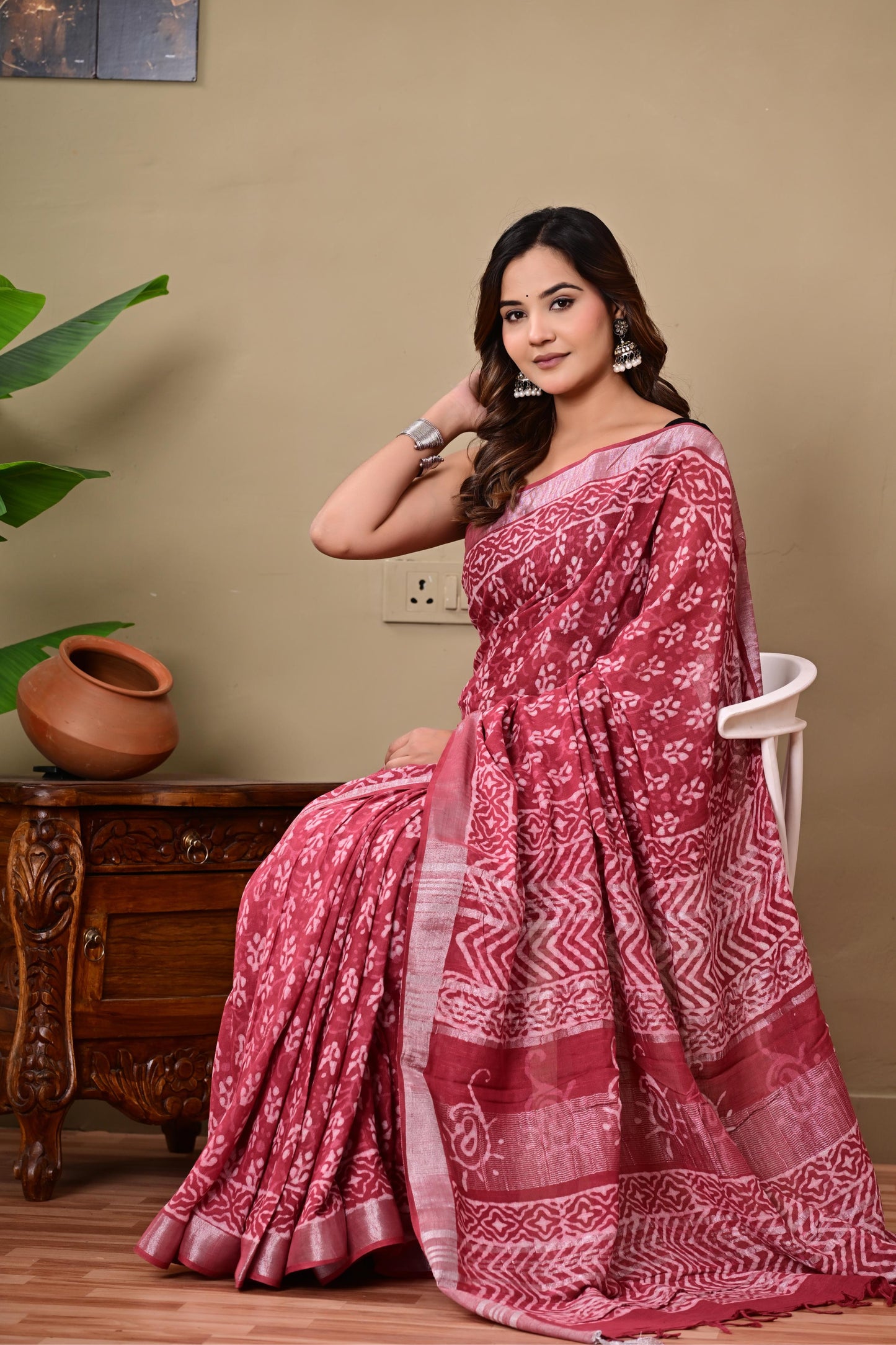 Block Printed Cotton linen Saree With Unstiched Blouse