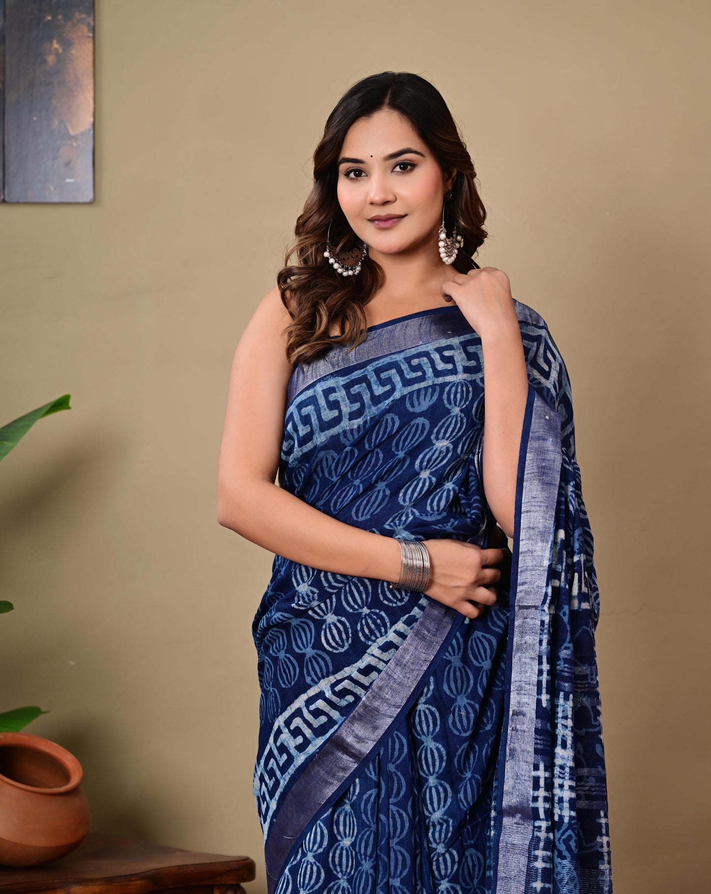 Block Printed Cotton linen Saree With Unstiched Blouse