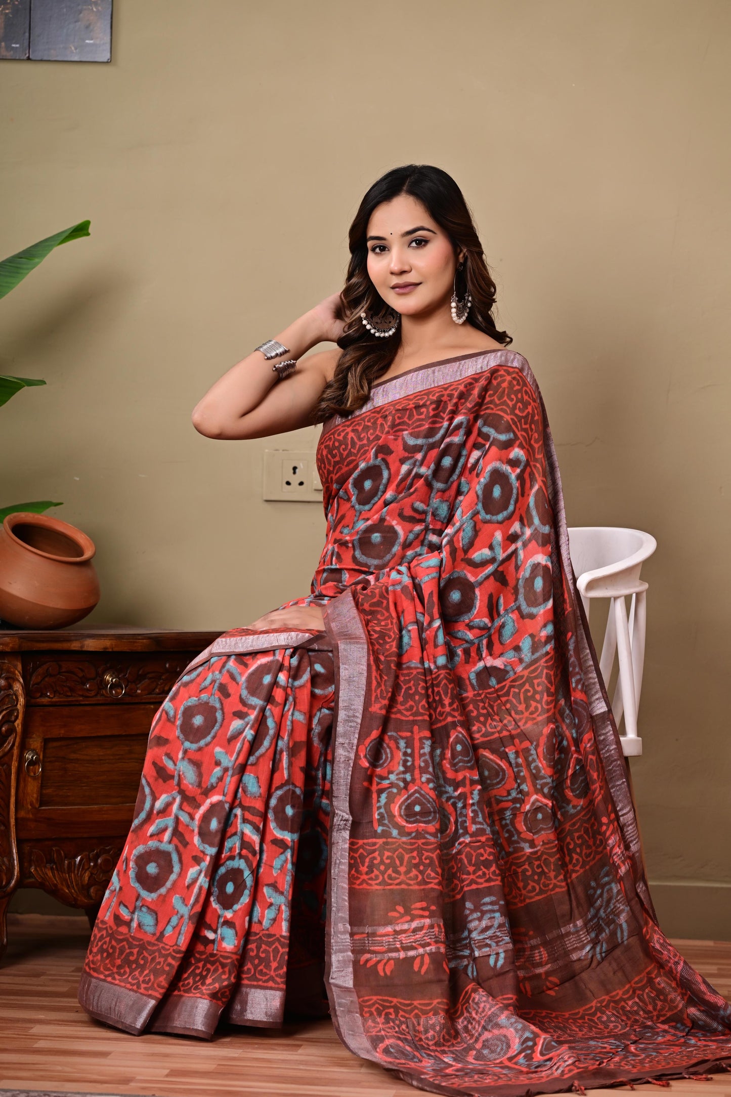 Block Printed Cotton linen Saree With Unstiched Blouse