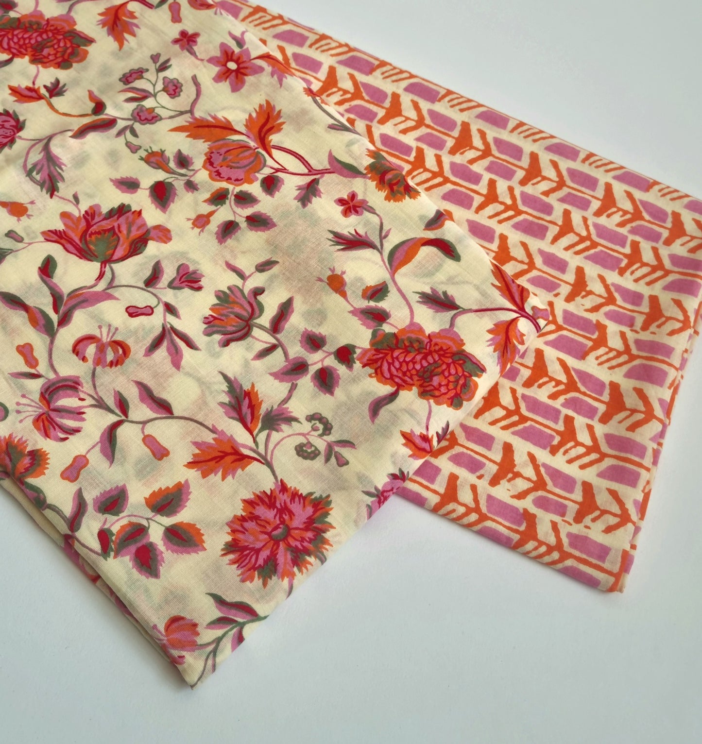 Printed Pure Cotton Kurta Fabric (2.5 Meters) | and Printed Cotton Pyjama (2.5 Meters) | Unstitched Combo Set