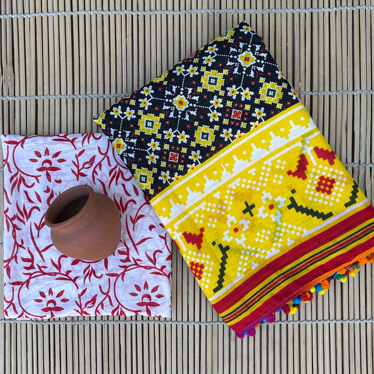 Printed Pure Cotton Mulmul Saree PomPom Lace