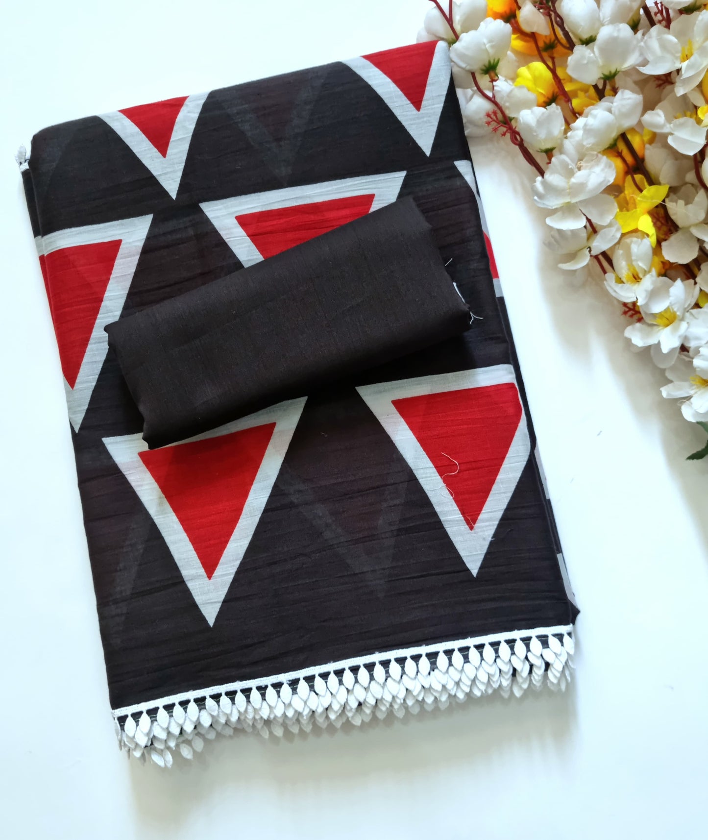 Exclusive Printed Pure Cotton Mulmul Saree with Leaf Lace