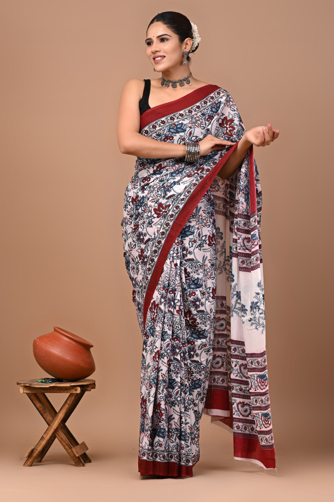 Rajasthan Fabric Printed Pure Cotton Mulmul Saree With Blouse