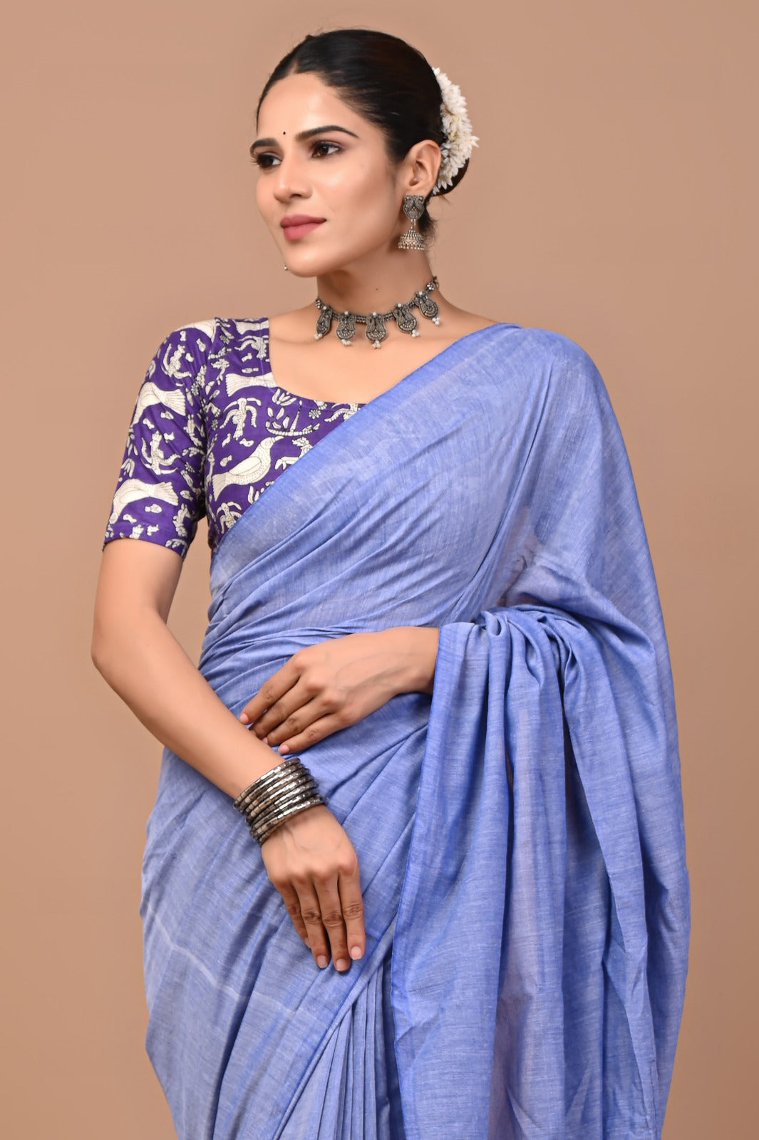 Handloom Cotton Saree With Printed Blouse