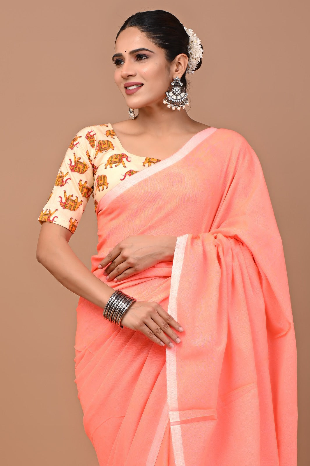 Handloom Cotton Saree With Printed Blouse