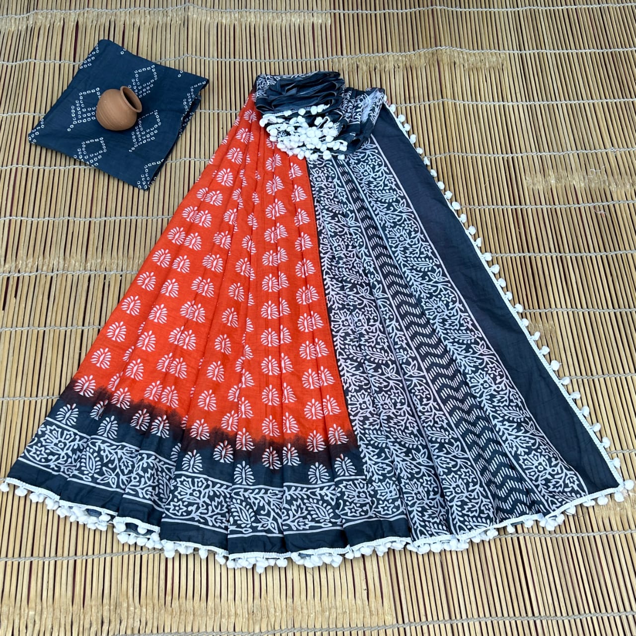 Printed Pure Cotton Mulmul Saree With PomPom Lace