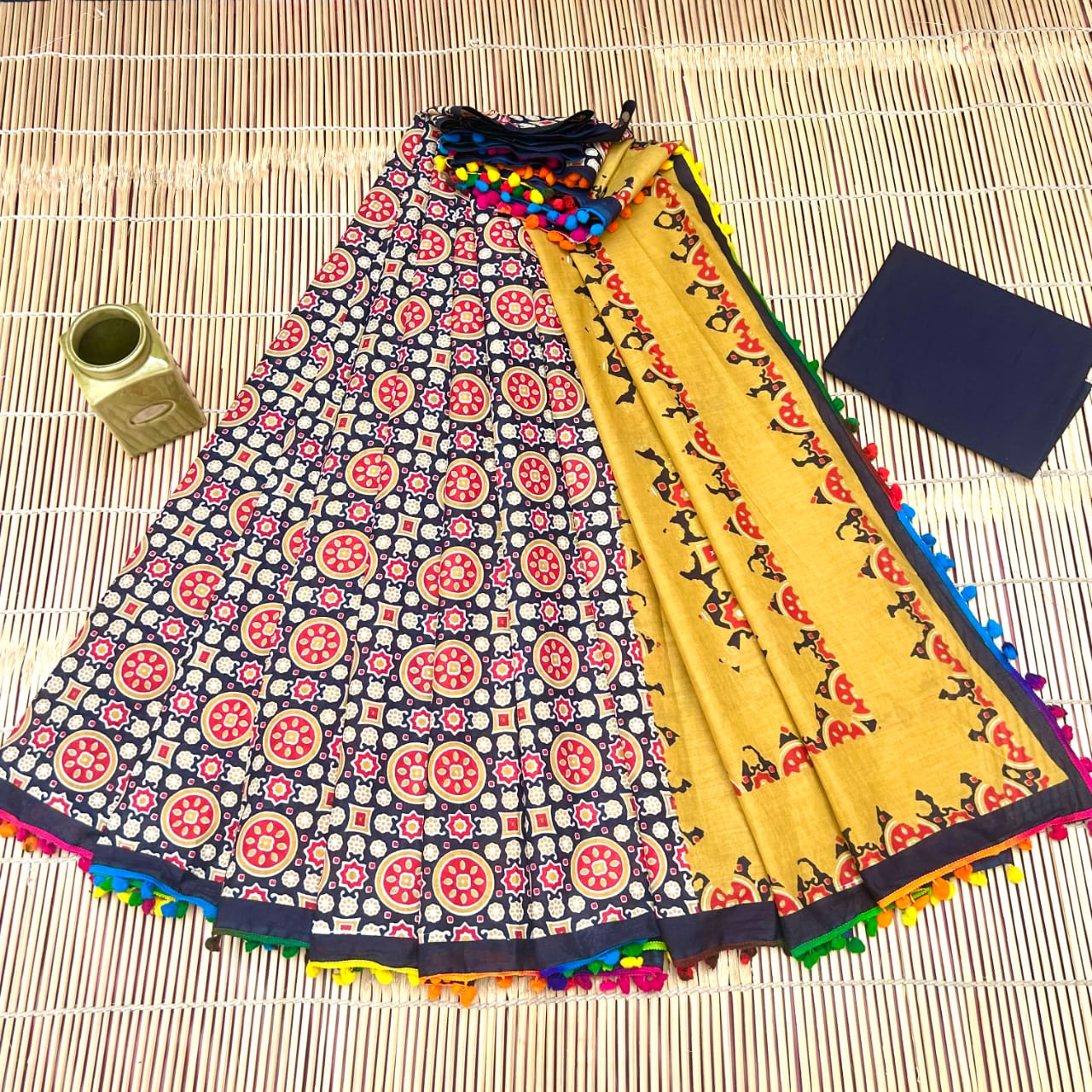 Printed Pure Cotton Mulmul Saree With PomPom Lace