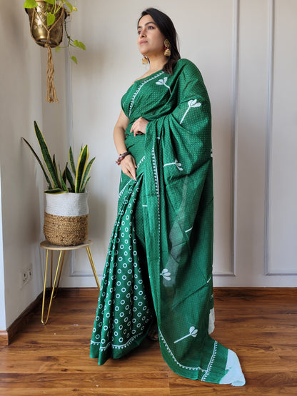 Jaipuri Printed Pure Cotton Mulmul Saree With Blouse