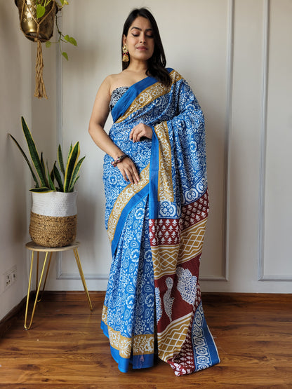 Jaipuri Printed Pure Cotton Mulmul Saree With Blouse