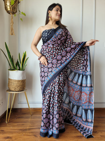 Jaipuri Printed Pure Cotton Mulmul Saree With Blouse