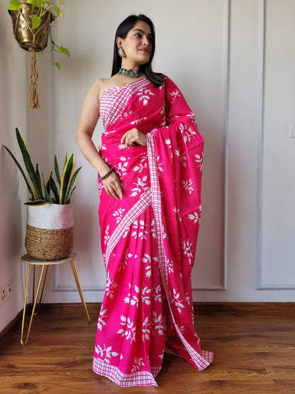 Jaipuri Printed Pure Cotton Mulmul Saree With Blouse