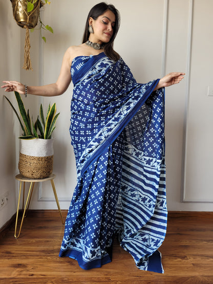 Jaipuri Printed Pure Cotton Mulmul Saree With Blouse