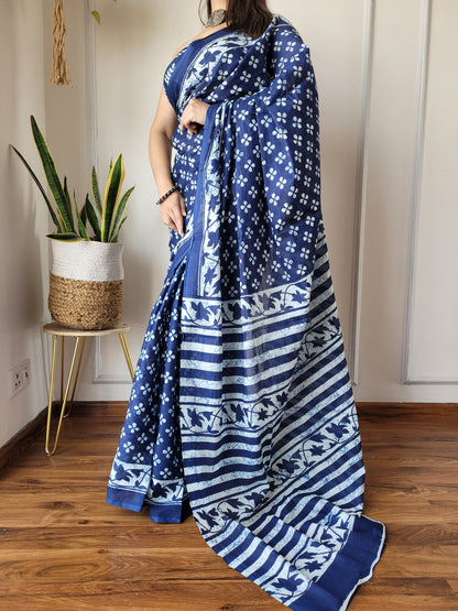 Jaipuri Printed Pure Cotton Mulmul Saree With Blouse