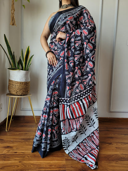 Jaipuri Printed Pure Cotton Mulmul Saree With Blouse