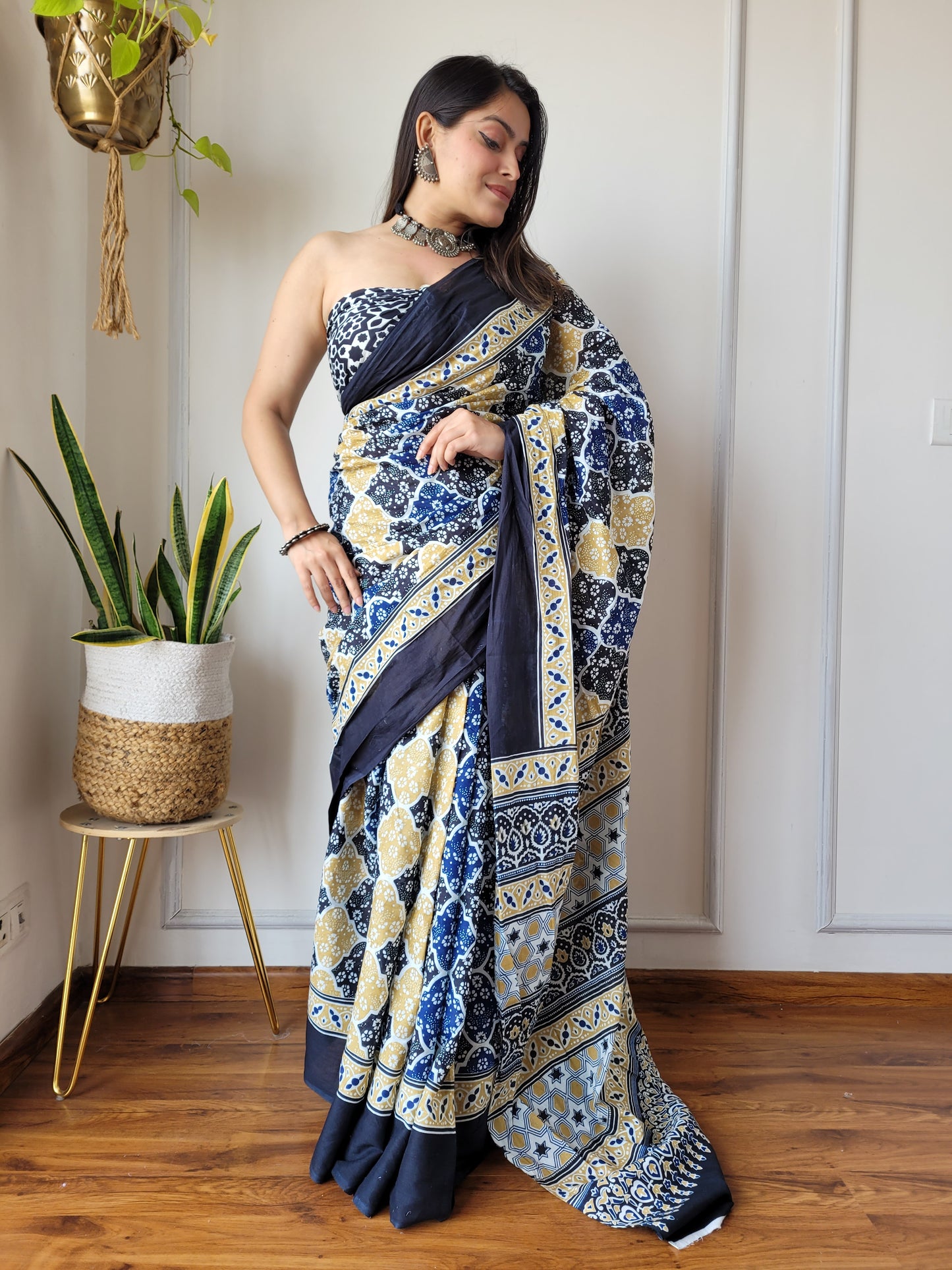 Jaipuri Printed Pure Cotton Mulmul Saree With Blouse