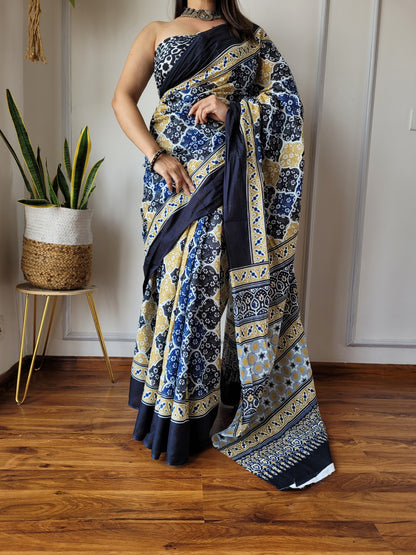 Jaipuri Printed Pure Cotton Mulmul Saree With Blouse