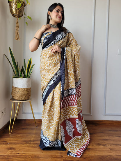 Jaipuri Printed Pure Cotton Mulmul Saree With Blouse