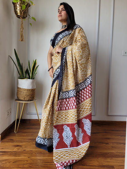 Jaipuri Printed Pure Cotton Mulmul Saree With Blouse