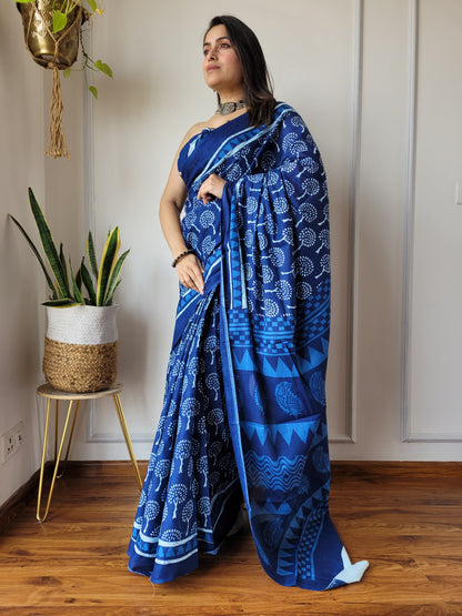 Jaipuri Printed Pure Cotton Mulmul Saree With Blouse