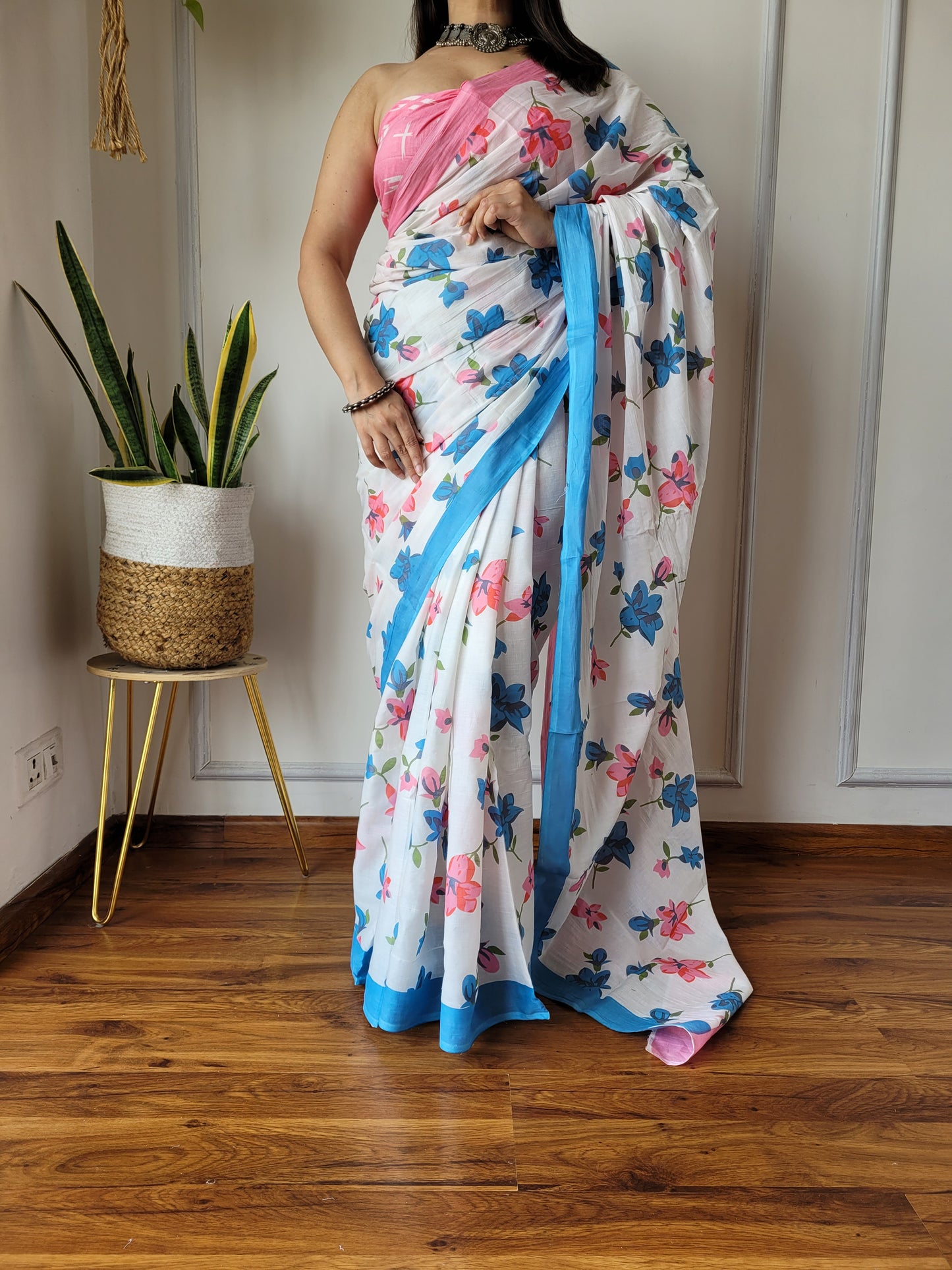 Jaipuri Printed Pure Cotton Mulmul Saree With Blouse