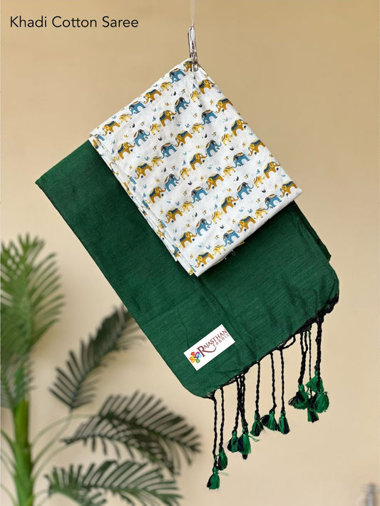 Jaipuria Handloom Khadi Cotton Saree With Printed Blouse