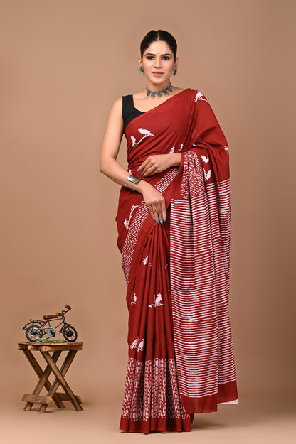 Printed Pure Cotton Mulmul Saree With Blouse