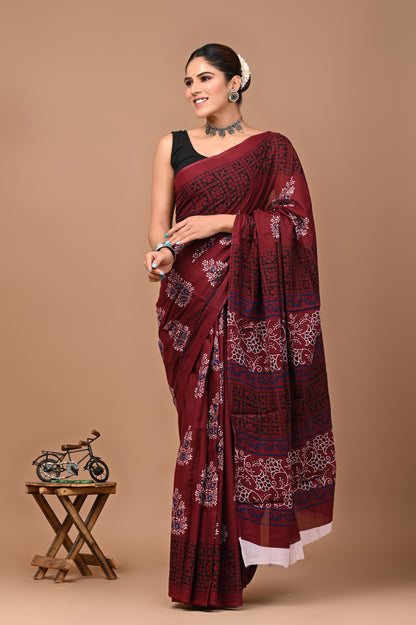 Printed Pure Cotton Mulmul Saree With Blouse