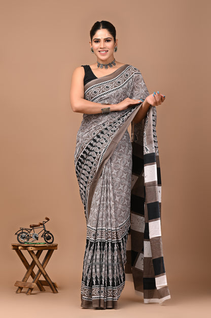 Printed Pure Cotton Mulmul Saree With Blouse