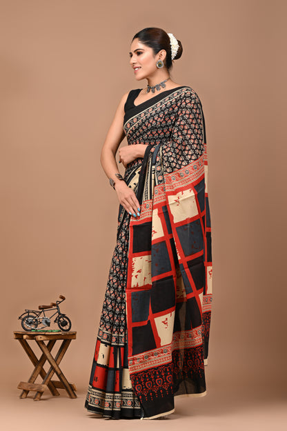 Printed Pure Cotton Mulmul Saree With Blouse