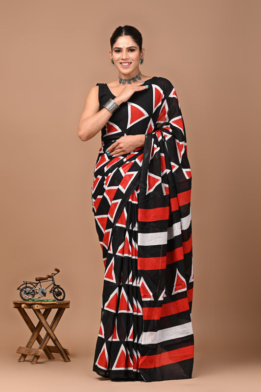 Printed Pure Cotton Mulmul Saree With Blouse