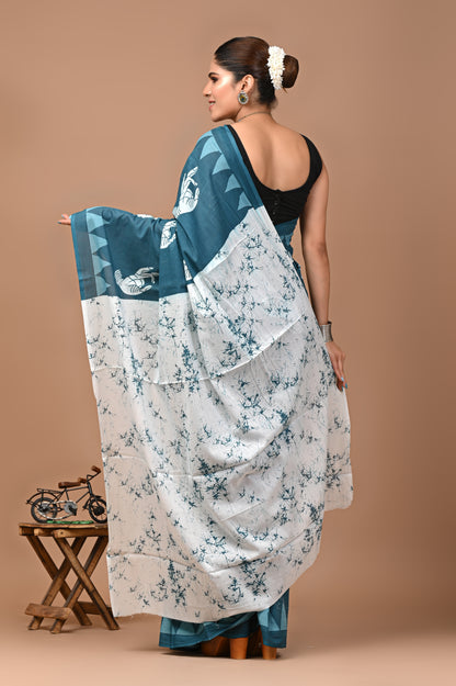 Printed Pure Cotton Mulmul Saree With Blouse