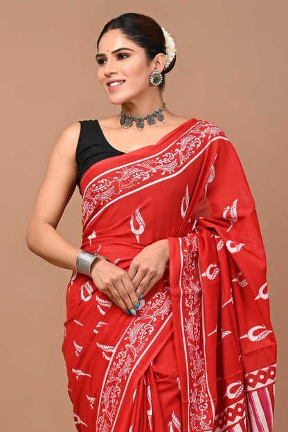 Printed Pure Cotton Mulmul Saree With Blouse