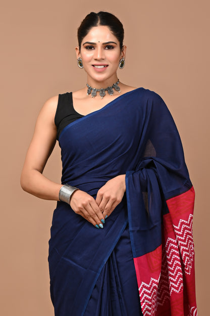 Printed Pure Cotton Mulmul Saree With Blouse