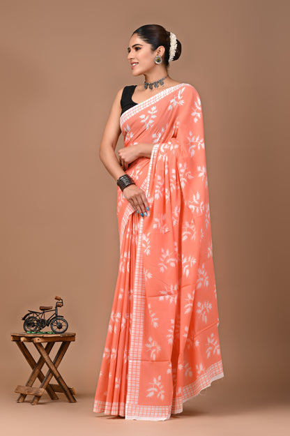 Printed Pure Cotton Mulmul Saree With Blouse