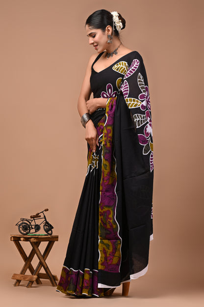 Printed Pure Cotton Mulmul Saree With Blouse