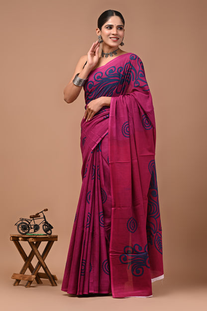 Printed Pure Cotton Mulmul Saree With Blouse