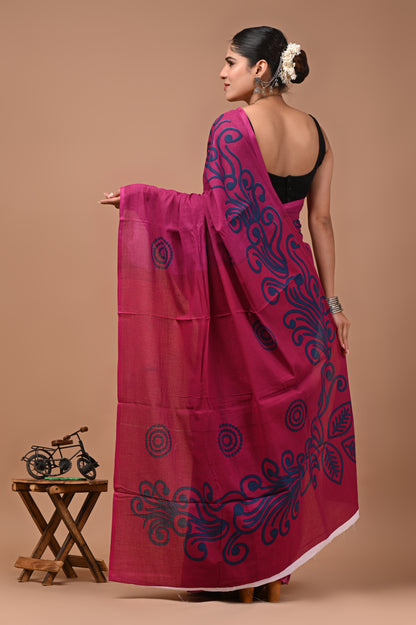 Printed Pure Cotton Mulmul Saree With Blouse