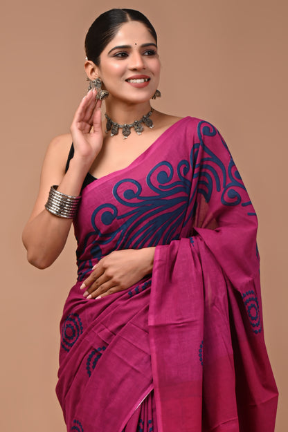 Printed Pure Cotton Mulmul Saree With Blouse