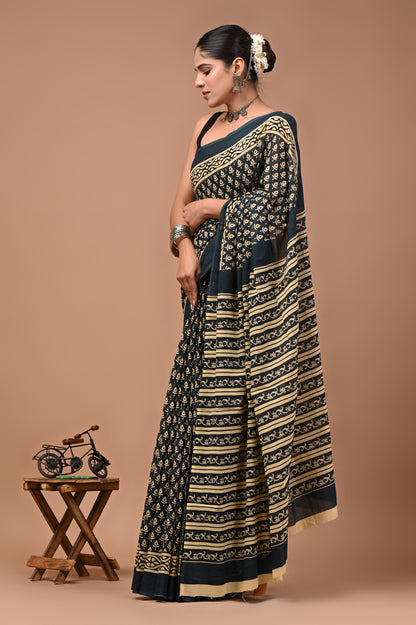 Printed Pure Cotton Mulmul Saree With Blouse