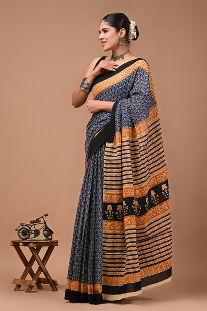 Printed Pure Cotton Mulmul Saree With Blouse